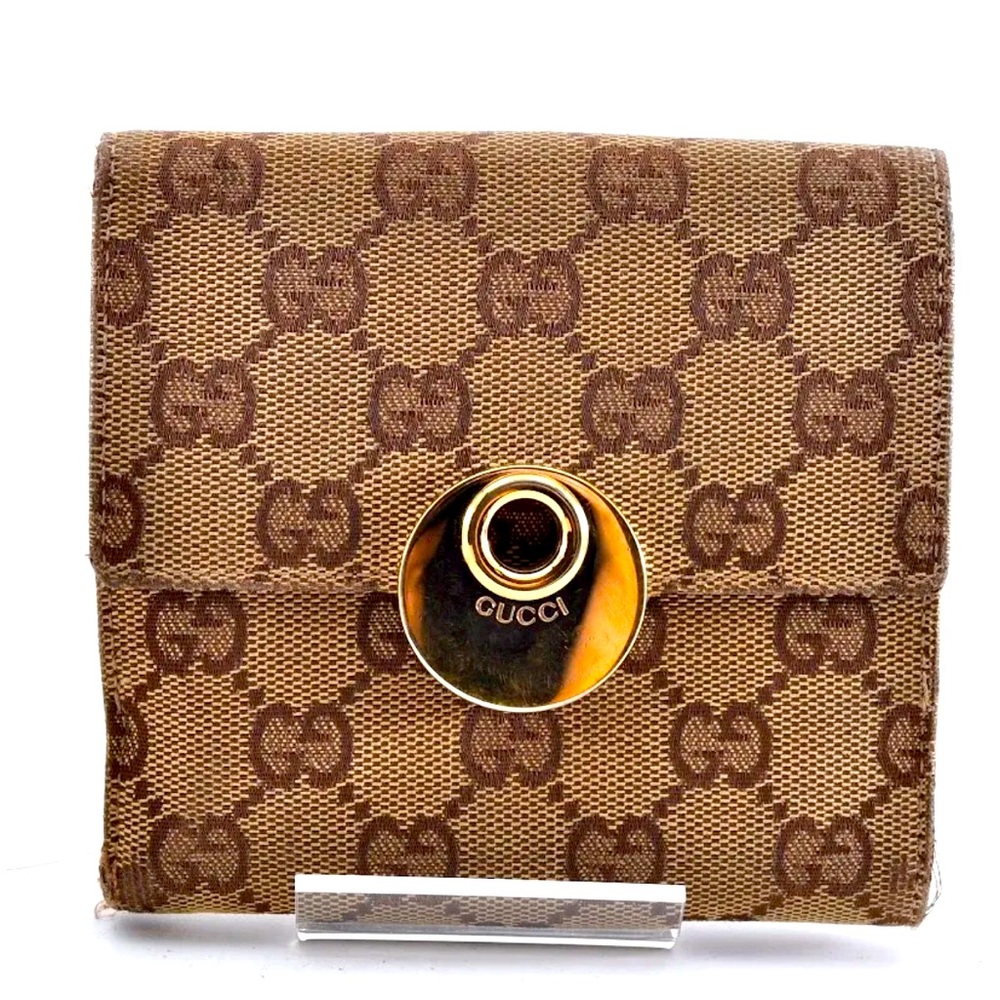 GUCCI Eclipse Canvas & Leather Beige White With Gold Hardware Bi-Fold Wallet